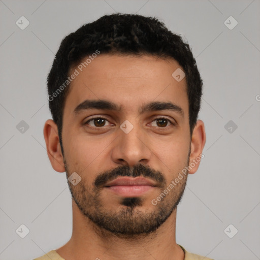 Neutral latino young-adult male with short  black hair and brown eyes