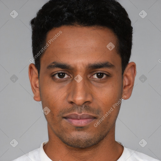 Neutral latino young-adult male with short  black hair and brown eyes
