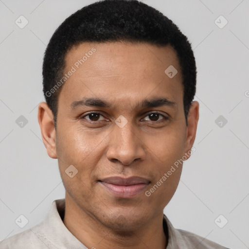 Joyful latino young-adult male with short  brown hair and brown eyes