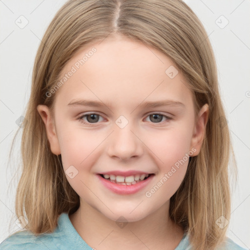 Joyful white child female with medium  brown hair and grey eyes