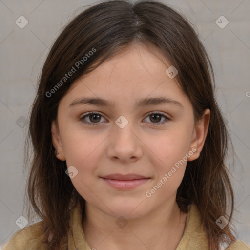 Joyful white child female with medium  brown hair and brown eyes