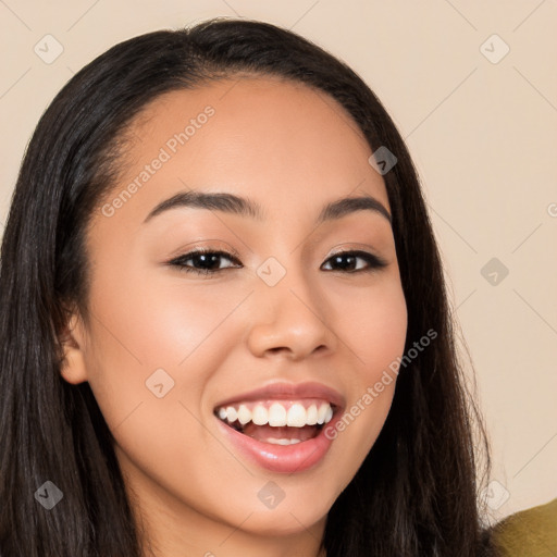 Joyful white young-adult female with long  brown hair and brown eyes