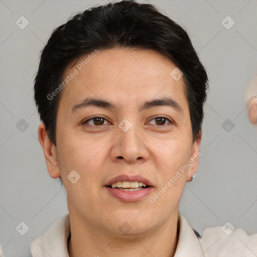 Joyful white adult male with short  brown hair and brown eyes