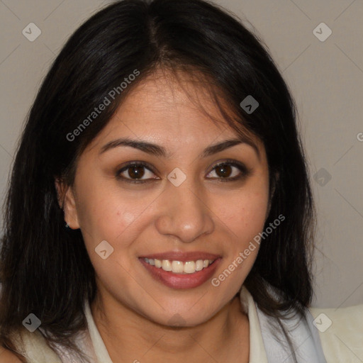 Joyful white young-adult female with medium  brown hair and brown eyes