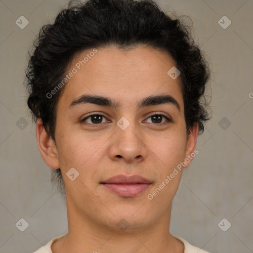 Joyful latino young-adult male with short  brown hair and brown eyes