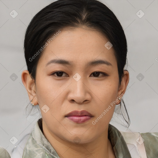 Joyful asian young-adult female with short  brown hair and brown eyes