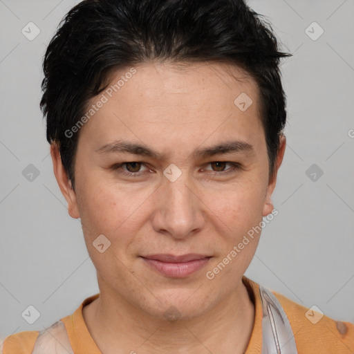 Joyful white adult female with short  brown hair and brown eyes