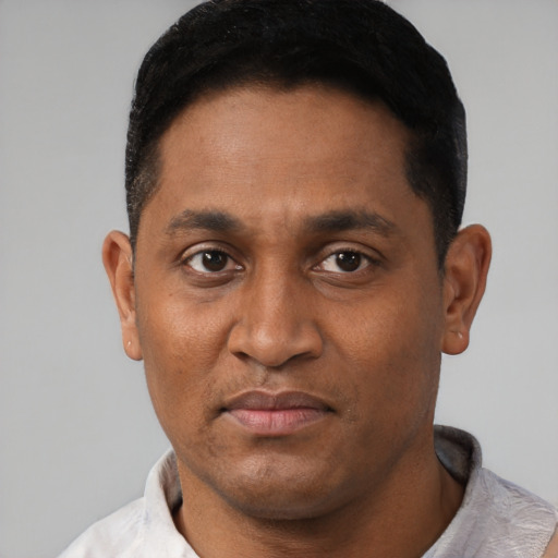 Joyful latino adult male with short  brown hair and brown eyes