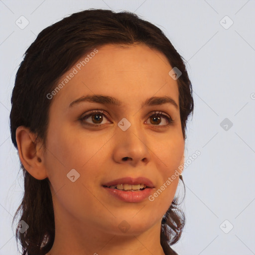 Joyful white young-adult female with medium  brown hair and brown eyes