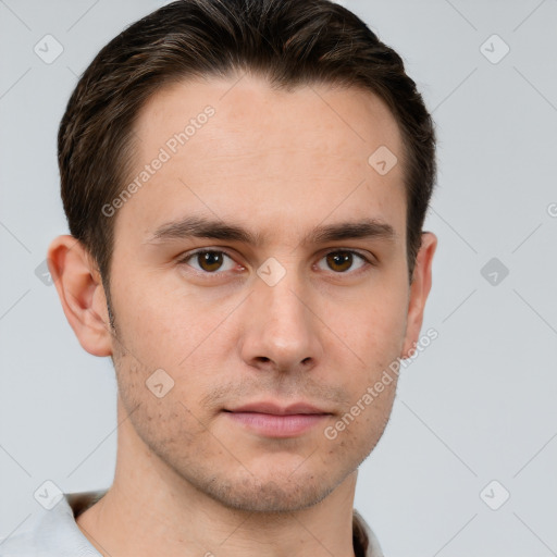 Neutral white young-adult male with short  brown hair and brown eyes