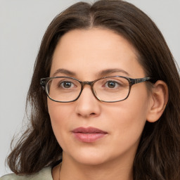 Neutral white young-adult female with long  brown hair and grey eyes