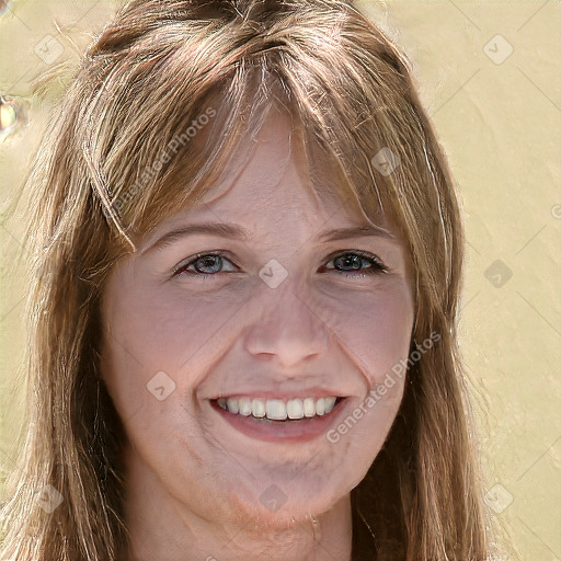 Joyful white adult female with long  brown hair and green eyes