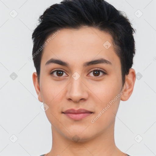 Joyful asian young-adult female with short  brown hair and brown eyes