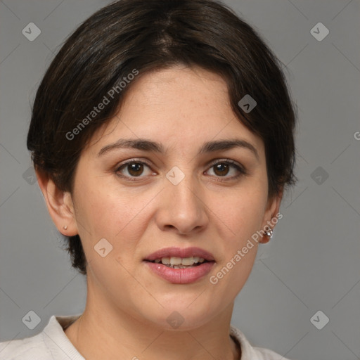 Joyful white young-adult female with medium  brown hair and brown eyes