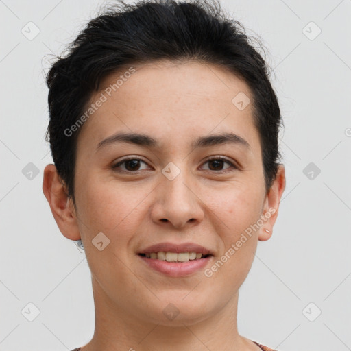 Joyful white young-adult female with short  brown hair and brown eyes