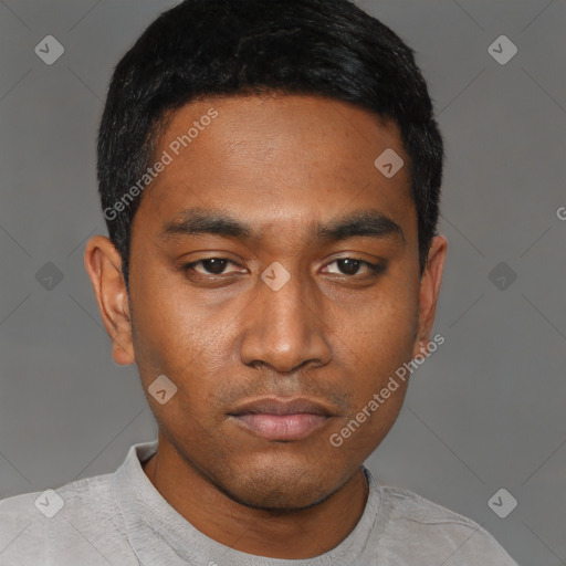 Neutral latino young-adult male with short  black hair and brown eyes