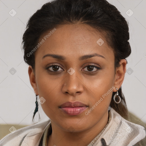 Joyful latino young-adult female with short  brown hair and brown eyes