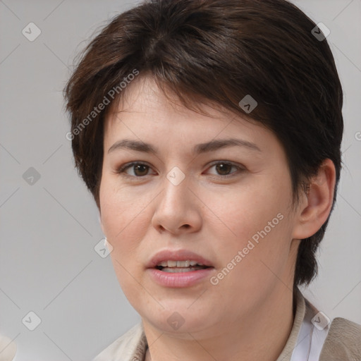 Joyful white young-adult female with medium  brown hair and brown eyes