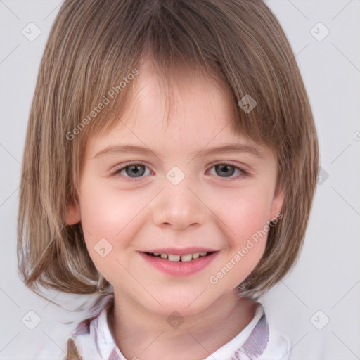 Joyful white child female with medium  brown hair and brown eyes