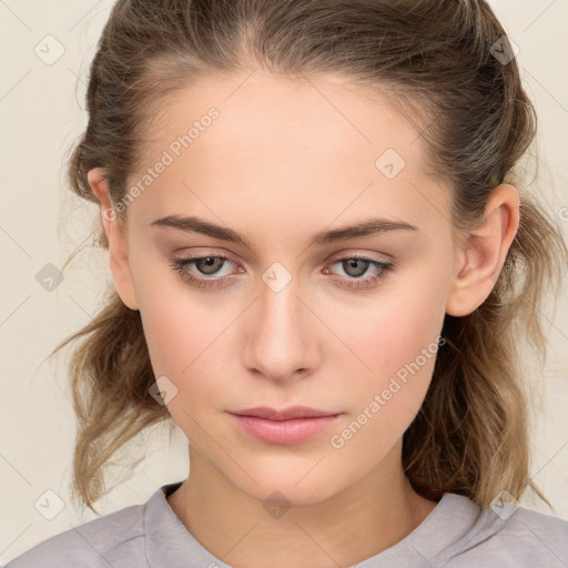 Neutral white young-adult female with medium  brown hair and brown eyes