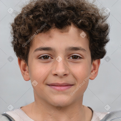 Joyful white child male with short  brown hair and brown eyes