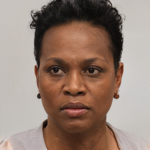 Neutral black young-adult female with short  black hair and brown eyes
