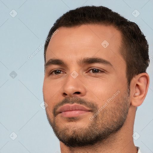 Neutral white young-adult male with short  brown hair and brown eyes