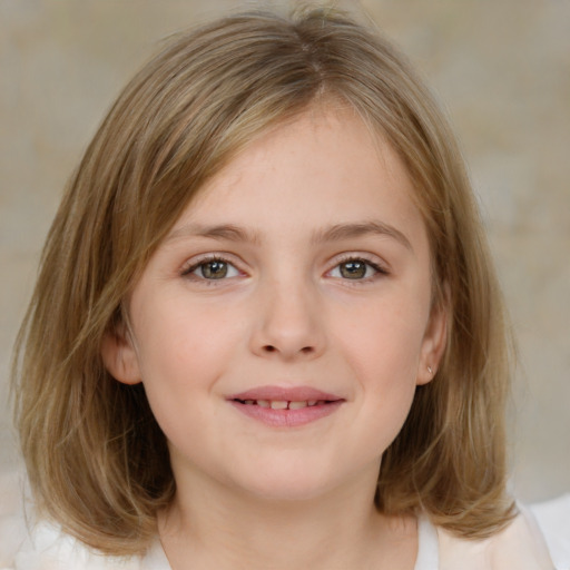 Joyful white child female with medium  brown hair and grey eyes