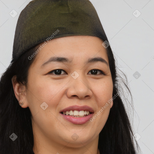 Joyful asian young-adult female with long  brown hair and brown eyes