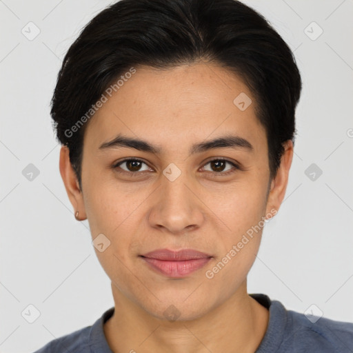 Joyful latino young-adult female with short  brown hair and brown eyes