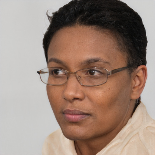 Neutral asian adult female with short  brown hair and brown eyes
