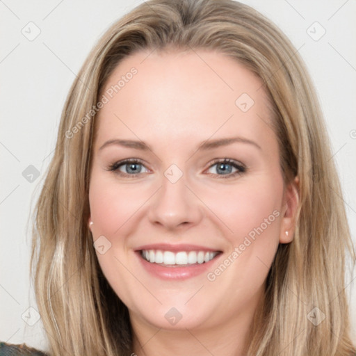 Joyful white young-adult female with long  brown hair and blue eyes