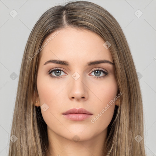 Neutral white young-adult female with long  brown hair and brown eyes