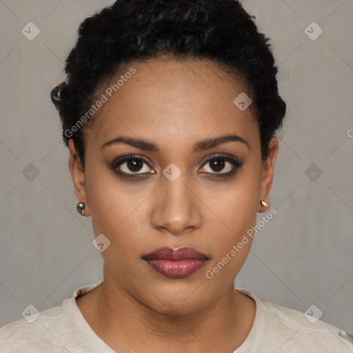 Neutral black young-adult female with short  black hair and brown eyes