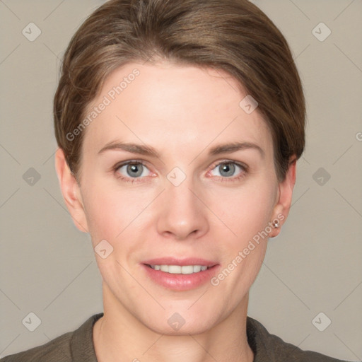 Joyful white young-adult female with short  brown hair and grey eyes