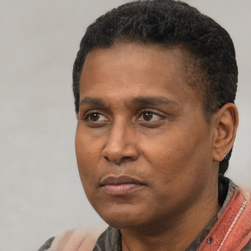 Neutral black adult male with short  black hair and brown eyes