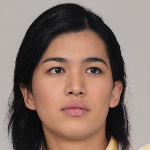 Neutral asian young-adult female with long  black hair and brown eyes