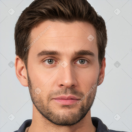 Neutral white young-adult male with short  brown hair and brown eyes