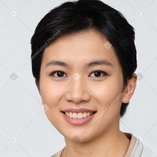 Joyful white young-adult female with short  black hair and brown eyes