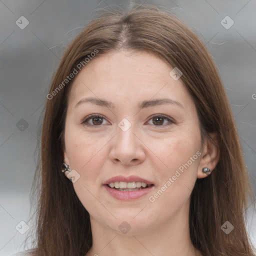 Joyful white young-adult female with long  brown hair and grey eyes