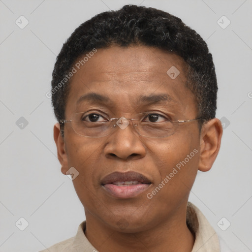 Joyful black adult male with short  brown hair and brown eyes