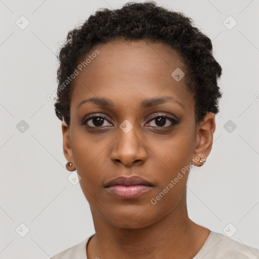 Neutral black young-adult female with short  black hair and brown eyes