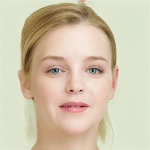 Joyful white young-adult female with long  brown hair and blue eyes