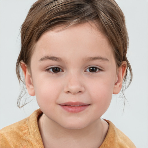 Joyful white child female with medium  brown hair and brown eyes