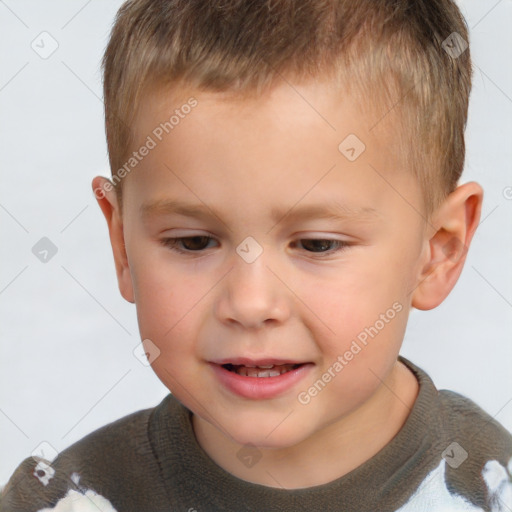 Joyful white child male with short  brown hair and brown eyes