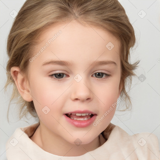 Joyful white child female with medium  brown hair and brown eyes