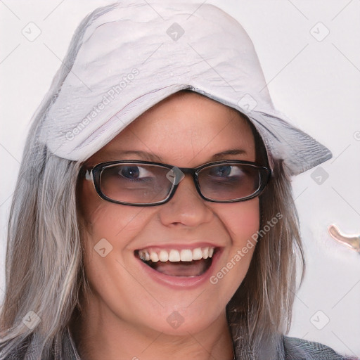 Joyful white young-adult female with medium  brown hair and blue eyes