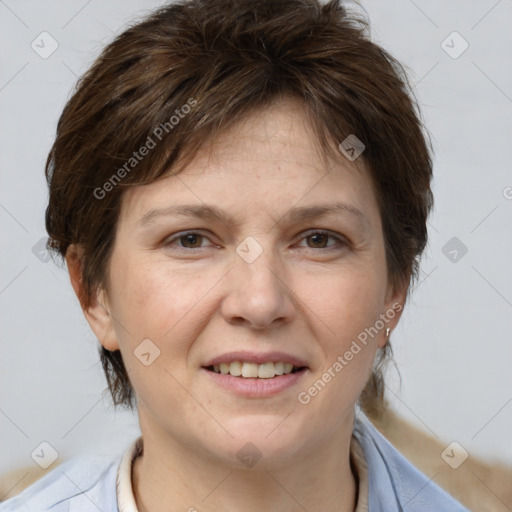 Joyful white adult female with short  brown hair and brown eyes