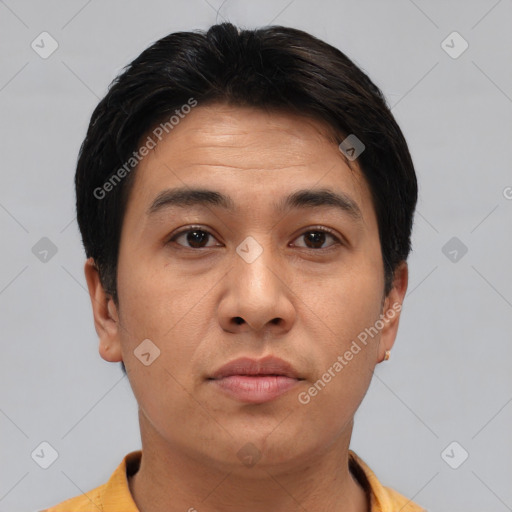 Neutral asian young-adult male with short  brown hair and brown eyes