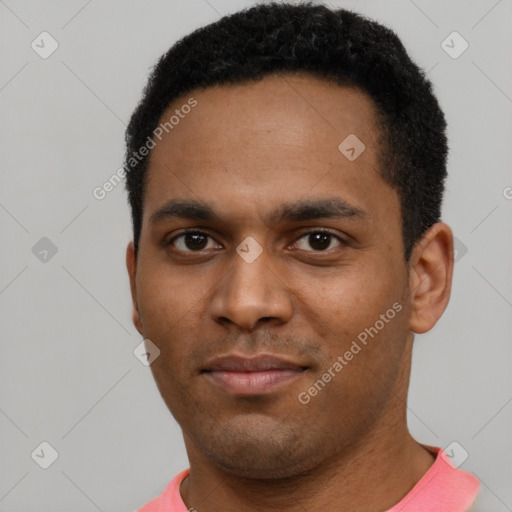 Neutral black young-adult male with short  black hair and brown eyes
